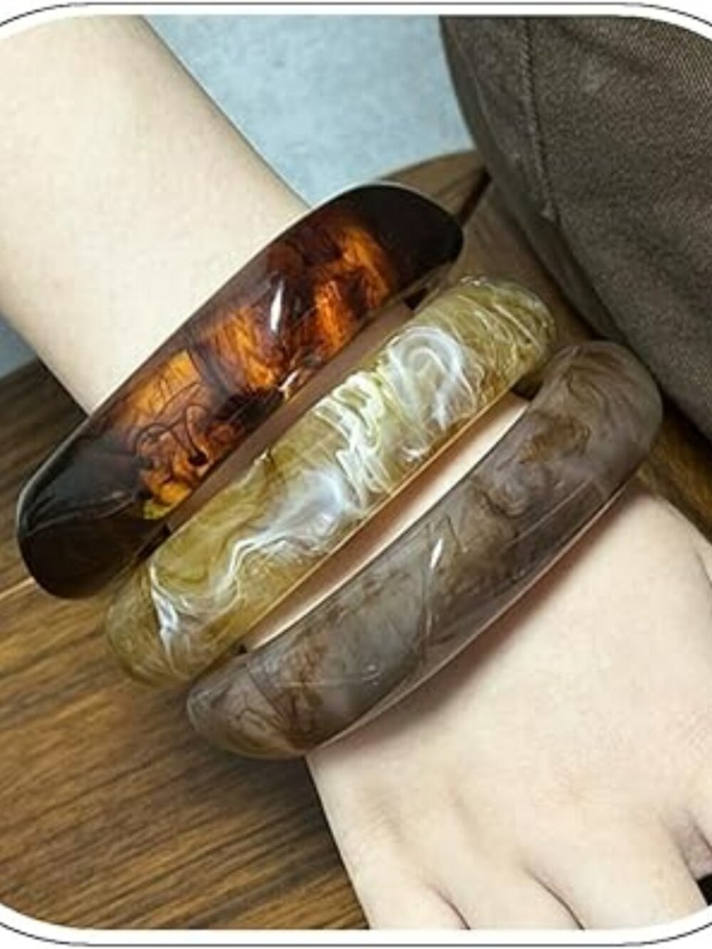 New Resin Bangle Bracelets Set 3 Chunky Acrylic Wide Retro 70s 80s Style Marbled